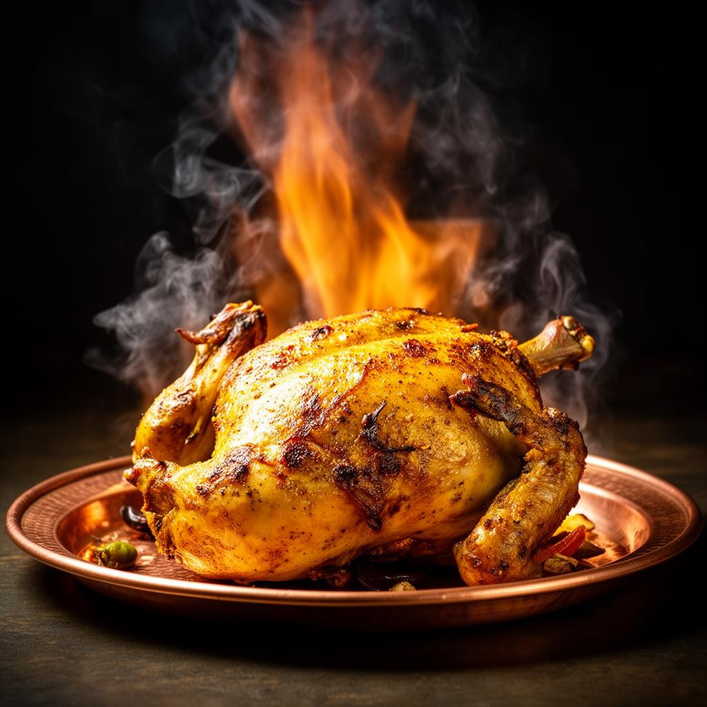 Lazeez Special Murgh E Chargha — whole roasted chicken with flames